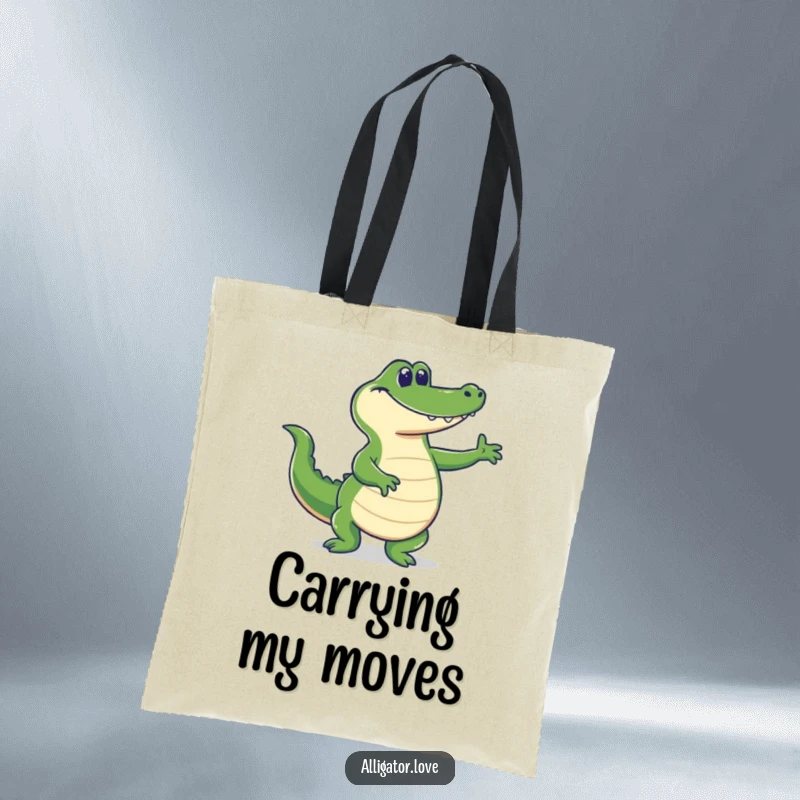 Funny alligator dancing with a happy tail wag, a humorous and spacious tote bag.