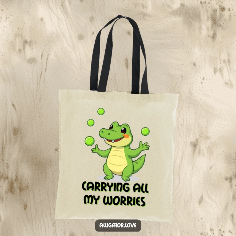 Funny alligator tote bag featuring a smiling reptile juggling green balls, perfect for shopping and daily use.