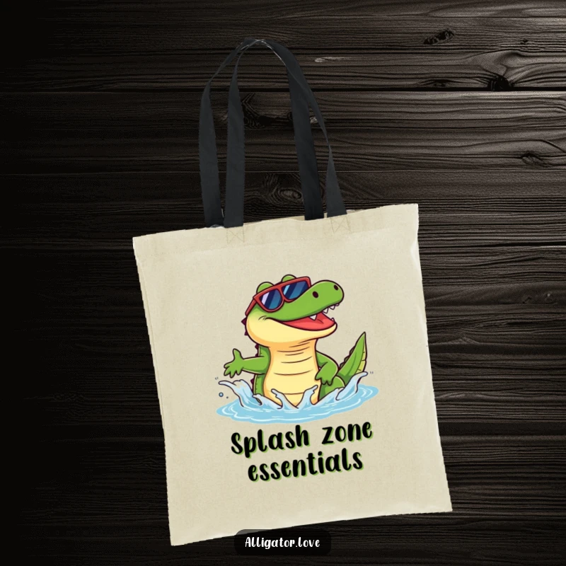Funny alligator with sunglasses joyfully splashing, a humorous and practical tote bag design.