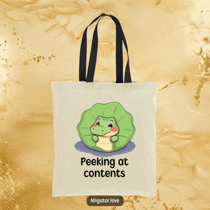 Funny tote bag featuring a curious alligator peeking from behind a large lily pad, adding a playful and mysterious element.