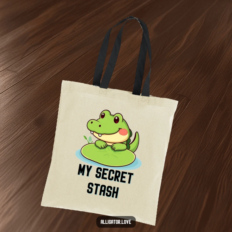 Funny cute alligator peeking from behind a lily pad, a humorous and practical tote bag.