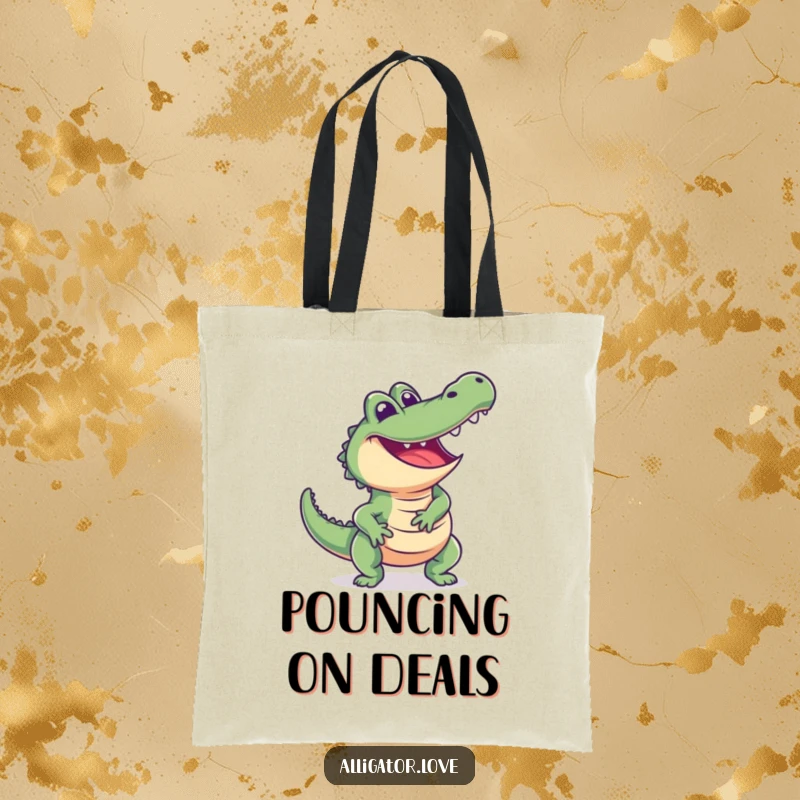 Funny alligator tote bag showing an excited reptile lunging playfully with a happy and eager expression.